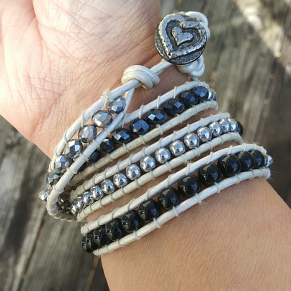 White Leather Wrap Beaded Bracelet - Picture 3 of 5